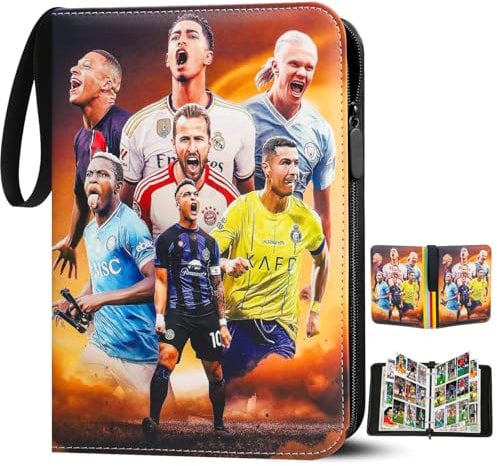 Fussball Karten Sammelalbum, 9 Fächer 50 Pcs Seite Sammelkarten Album Sammelmappe für bis zu 900 Karten, Sammelbuch Groß mit Reißverschluss für Spielkarten,Sportkarten, Ninjago,TCG, MTG-Karten
