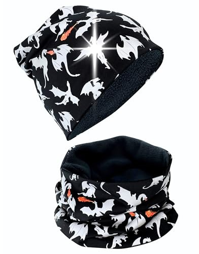 HECKBO Winter Drachen Kinder Mütze & Loopschal – Warm – 8–12 Jahre – Schal Kinder Jungen – Ideal für Jugend-Winter, Schulweg & Outdoor-Aktivitäten (55–60 cm)