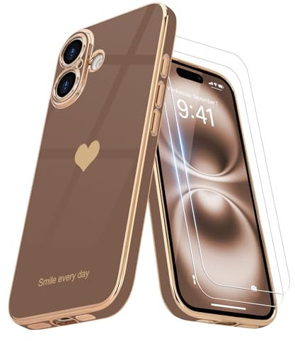 Teageo for iPhone 16 Pro Case with 2 Screen Protector Heart Pattern for Women Girls Luxury Bling Plating Soft TPU Anti-Scratch Shockproof Bumper Phone Case for iPhone 16 Pro, Desert Gold