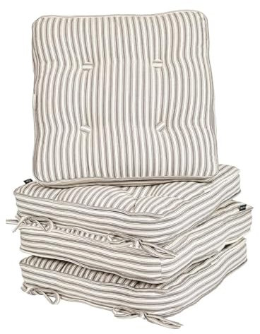Tie On Garden Chair Cushions 100% Cotton Seat Pads Outdoor Alfresco Dining Chair Bistro Set Seat Cushions (Set of 4, Grey Stripe)