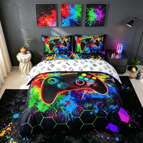 richhome Gaming coloré Housse de Couette 220x240cm pour Les Enfants Garçons Filles Adolescents Géométrie Pein d'miel Parure de Lit Gradient Game Controller Literie Set