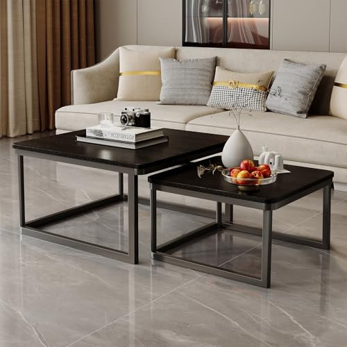 Hawthyhome Square Nesting Coffee Table Set of 2, Side Table for Living Room, Multi-functional Side Table with Metal Frame, /Living Room/Bedroom Black