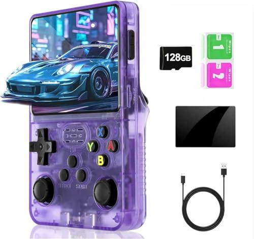 Ouyniei Console de Jeux Rétro R36S, Écran IPS 3.5, 128 Go, 40000+ Jeux Préinstallés, Système Open Source, Double Joystick, Batterie 3500mAh, Portable pour Adulte & Enfant (Transparente)