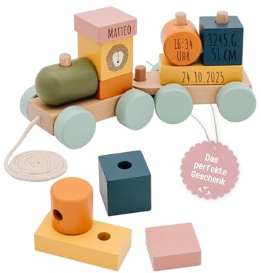 wunderwunsch Trixie Geburtstagszug personalisiert, Geburtstagsgeschenk Junge und Mädchen, Motorikzug, Motorikspielzeug für Baby und Kleinkind, Taufgeschenk, Geschenk zur Geburt (Minizug)