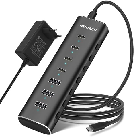 RSHTECH 10Gbps USB C Hub 3.2 mit Netzteil & Einzeln steuerbare Schalter | 7 Port Aktiv Schaltbaerer USB 3.2 Gen 2 - 4 Type C (10Gbps) & 3 Type A (10Gbps) - 12V/3A Netzteil, 1 Meter Kabel - RSH-H7C4