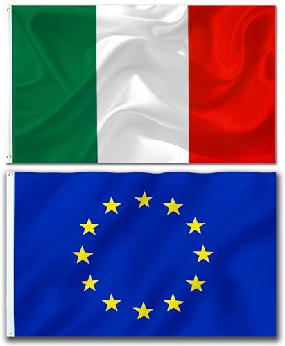 Bandiere Italia e Unione Europea 90x150 cm – Set 2 Pezzi con 2 Occhielli in Metallo, Bandiera Italiana e Bandiera UE in Poliestere Resistente per Esterno, Balcone ed Eventi Ufficiali