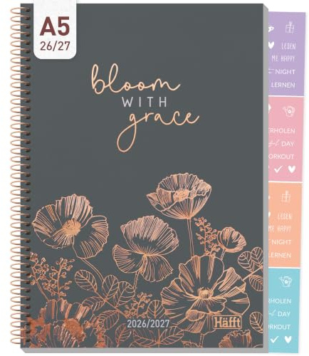 Häfft College-Timer Schülerkalender 2026 2027 A5 Poppy | Mit Roségoldprägung & Stickern - Schulplaner 26/27 im Pastell-Look für Schule & Uni, Hausaufgabenheft mit Spiralbindung