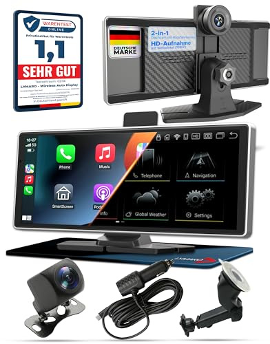 Lymaro Wireless CarPlay Display & Android Display fürs Auto, tragbares Apple Auto CarPlay Display & Android mit Bluetooth & FM, Dashcam & Rückfahrkamera (Silber)