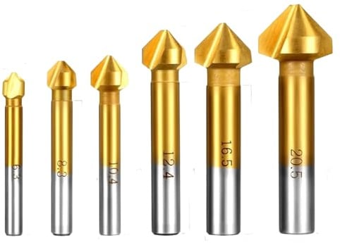 6 Pièces Fraise à Chanfreiner 90° HSS Titane Conique Cylindrique, Jeu de Fraises à Chanfreiner pour Métal et Matériaux Non Métalliques, Ø 6,3-20,5 mm