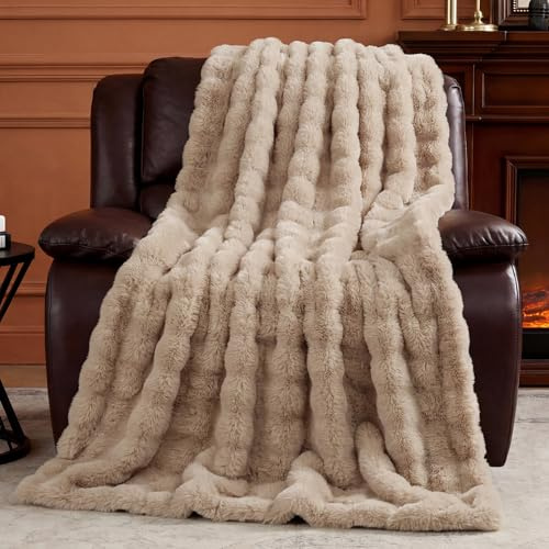 BEDCOOL Luxury Fluffy Faux Fur Throw Blanket, Soft Plush Thick Minky Bubble Blanket for Couch Sofa Bedroom Living Room, Perfect Home Decor Gift for Women,60 * 80 in,Beige Camel