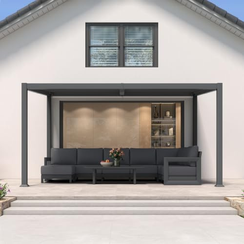 PURPLE LEAF Pergola 3 × 4,25 m Wandmontage Lamellendach Wetterfest, Grau | Robuster Alurahmen, mit Entwässerung, Schrägdach ohne Wasserstau, Terrassenüberdachung klare Montageanleitung, 0–85° Lamellen