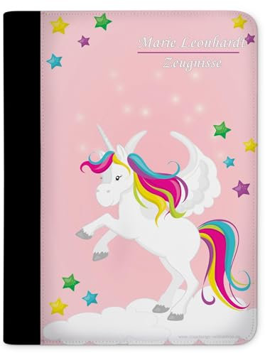 CreaDesign, Kinder Zeugnismappe personalisiert mit Namen, Zeugnis Mappe Einhorn Rosa, DIN A4, 26,7 x 32,7 x 1 cm, Rücken schwarz