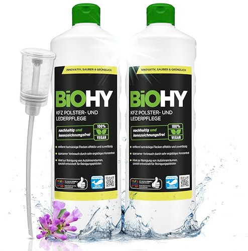 BiOHY KFZ Polster- & Lederpflege (2 x 1 liter) + Dosierer | KFZ- Innenraum Aufbereitung & Lederpflege | hinterlässt angenehmen Geruch | Fleckenentferner für Autositze | ideal für Reinigungspistolen
