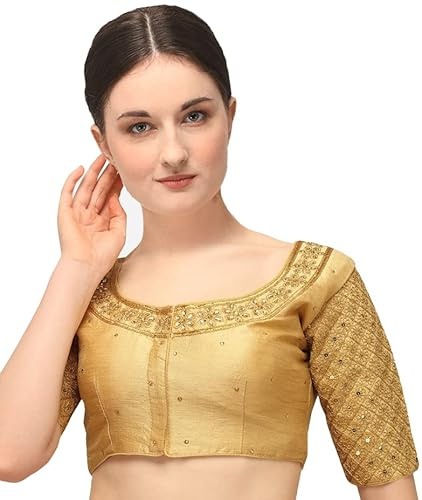 Pujia Mills Women's Silk Floral Half Sleeve Blouse, Gold, 38
