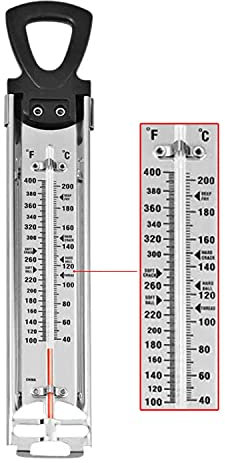 Candy Thermometer with Pot Clip & Hanging Ring Handle, Stainless Steel,C/F Double Display, 40C to 200C (100F to 400F), Hands-Free, Easy to Read,Clean,Store, Deep Fry Thermometer