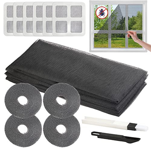 HONMOK 4 Stück Fliegengitter Fenster 130x150cm Mückennetz für Fenster Insektenschutz mit 4 Rollen Selbstklebeband und 6 Flicken Zuschneidbar Moskitonetz Fensternetz Schwarz Fliegennetz für Fenster