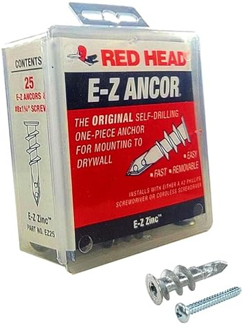 E-Z Ancor 25 Qty Red Head EZ Ancor Zinc Metal Self Drilling Drywall Anchors with Screws | Up to 75 Lbs | EZ25