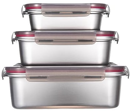 HOCHSTE Stainless Steel Leak-Proof Food Storage Container Set of 3 Food Container with BPA-Free Lids 650ml/ 1300ml/ 2250ml Grey