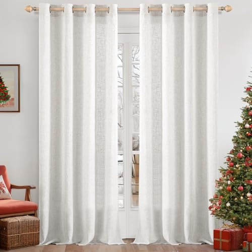 MIULEE Gardinen Vorhänge mit ösen Voile Vorhang kurz Modern Leinenoptik Halbtransparent Ösenvorhang für Wohnzimmer Kinderzimmer Raumteiler 2er Set Linen Weiß 245x140 cm