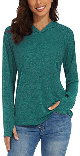 TACVASEN Women's Hooded Top Ladies T Shirts Quick Dry UV Long Sleeve Base Layer with Thumb Holes Emerald Green