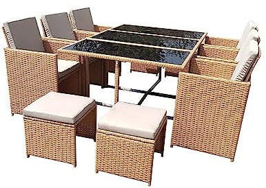CONCEPT USINE - Salon de Jardin Florida 10 Personnes en Résine Tressée Naturel - 1 Table en Verre - 6 Fauteuils - 4 Poufs - Coussins Beige - Encastrable et Résistant
