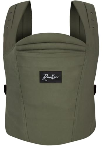 Rookie Babytrage ab Geburt - Ergonomisch, Bequem, Bio-Stoffe - Premium Elite Design - Baby Trage schnell & einfach angelegt - Baby carrier für Neugeborene bis 2 Jahre (Khaki)