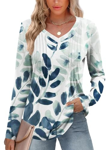 EFFAN Womens Tops Ladies Casual Long Sleeve Blouse Soft V Neck Shirt Fall Loose Fit Pleated Tunics Tops, Gradient Leaf, XL