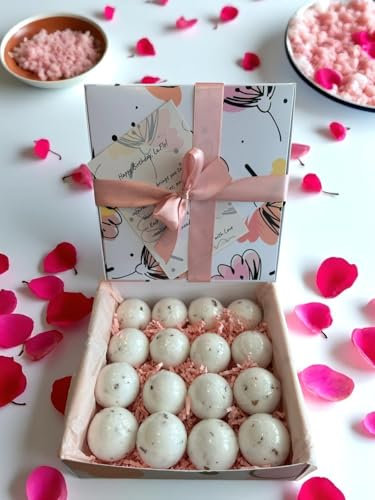Lu.Flo Badebomben - Naturlichen Inhaltsstoffen - 16x60g – Entspannungsbad, handgemacht – Badekugeln mit Rosenblättern – Wellness Geschenke für Frauen- personalisierte geschenke - Grußkarte