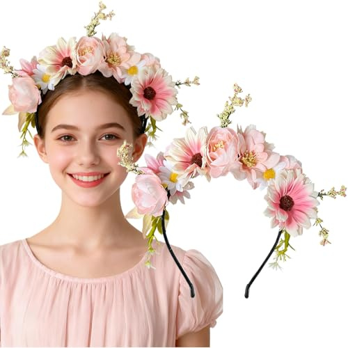 Ypkia Blumen Haarreifen Dirndl Haarband Braut Haarkranz Stirnband Damen Mädchen Kopfband für Oktoberfest Hochzeit Karneval Mottoparty (rosa)