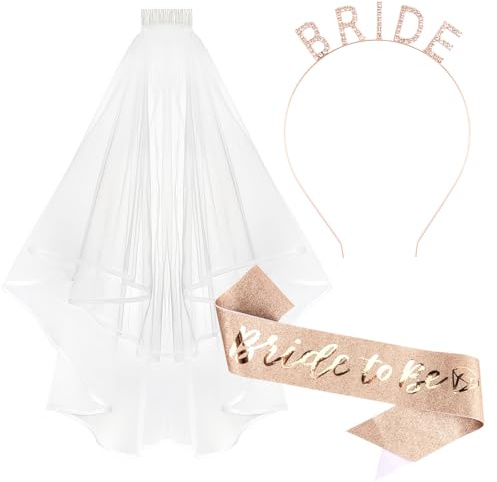 Srotmirw Bride to Be Sash with Veils Bridal, Rose Gold Bride Headband for Bridal Shower Hen Party Accessories Wedding Accessories Bridal Shower Decorations