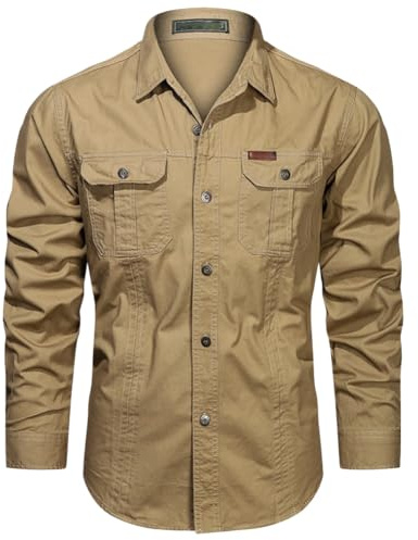 SimidunEUR Chemise de Safari à Manches Longues en Coton pour Homme, Protection UV, Respirante, Boutonnée, pour Randonnée, Pêche, Trekking, Hilking, Chasse, Travail