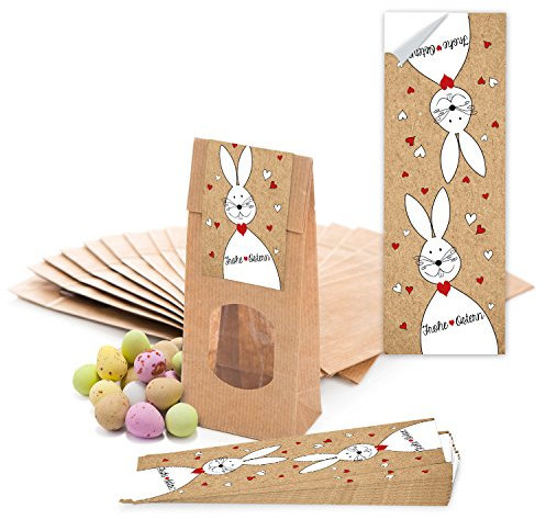 Tüten zum Befüllen, 10 Stück: Braune Ostertüten mit Fenster & Folieneinlage, Geschenktüten inkl. Frohe Ostern-Aufkleber mit Osterhasen-Motiv, Papiertüten für Geschenke & Ostergebäck, 7 x 4 x 20,5 cm