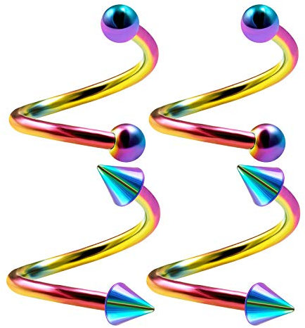KJM FASHION 4 STK Eloxiert Regenbogen Spirale Ohr 1.6 mm 14 Gauge 12mm 1/2 4mm Kugel Und Kegel Helix Cartilage Lip Tragus Ohrringe Piercing Schmuck 2970