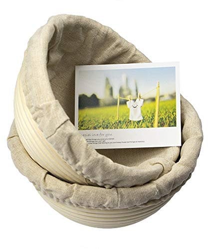 Lot de 2 Paniers bannetons à pain en rotin naturel faits main, avec doublure en lin 7 Round 2 Pack beige