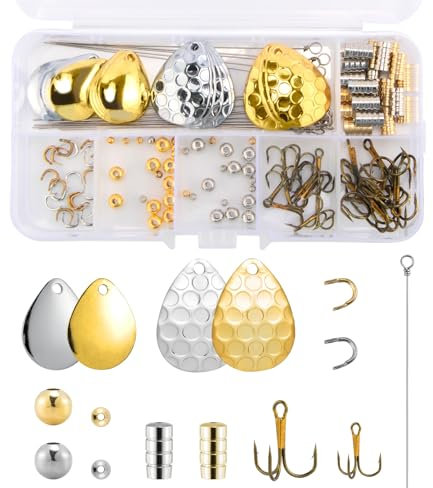 Dr.Fish 140 Pieces Spinner Making Kit Lure Making Supplies Colorado Spinner Blade Spinnerbait Parts Accessory Shaft Clevis Treble Hooks Spoon Fishing Bead Starter