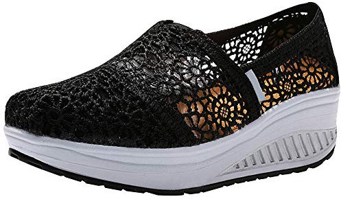 rismart Damen Häkeln Lace Spitze Schlüpfen Keil Turnschuhe Komfort Casual Gehen Schuhe(Schwarz,37 EU)