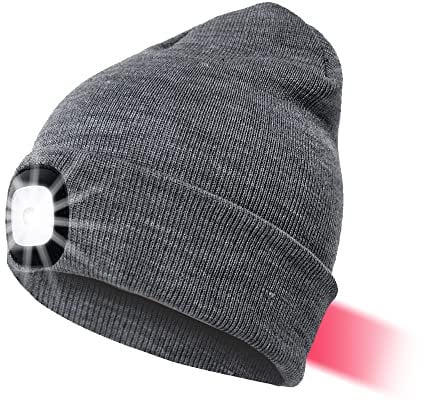 LED Mütze Kappe Mit Vorne Hinten Licht, Herren Damen Kappe Strickmütze USB Nachladbare Lampe, 8 LED Beleuchtung und Blinkende Warnungs,Winterwärmer Strickkappe Stirnlampe Laufmütze(Grau,Einheitsgröße)