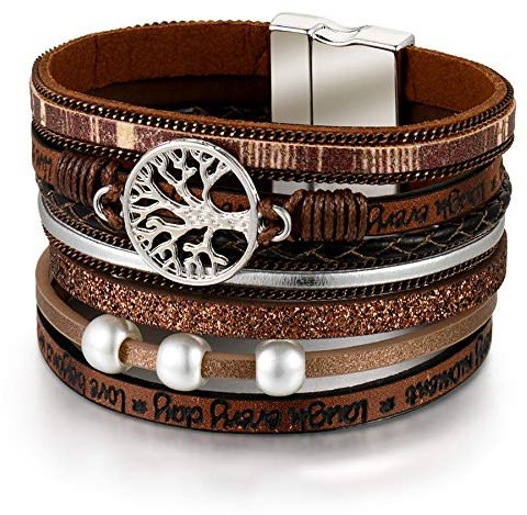 Flongo Damen Wickelarmband Multilayer Armband Boho Lederarmband mit Perlen Lebensbaum Magnetverschluss für Frauen Mädchen