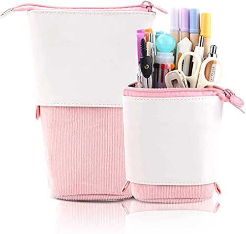 Nothers Pop Up Pen Pencil Case Teleskophalter Mäppchen, PU Cord Stand-Up Federmäppchen Mädchen, ideal für Studentinnen Spring Makeup Bag Pencil Bag (Rosa)