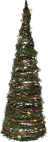 Kaemingk dekorative LED-Leuchtpyramide LED warmweiß Weidengeflecht mit Kunsttanne und Goldglitzer in verschiedenen Größen batteriebetrieben mit Timerfunktion (mittel ca. 60 cm hoch), Grün