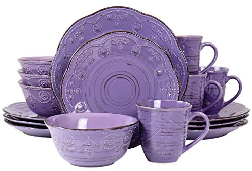 Elama Rustic Birch 16 Piece Stoneware Dinner Set, Purple