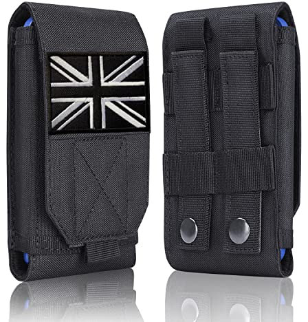 Aprocase Black Upgrade Universal Tactical Molle Mobile Phone Holster Heavy Duty Waterproof Smartphone Waist Bag for iPhone 13 Pro Max Samsung Galaxy S22 S21 4.7''-6.7'' Phone with UK Flag Patch