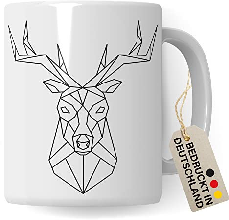 Tasse Hirsch, hochwertiges Poly Design Tasse Tier Geschenk Hirsch-Fans, Natur-Liebhaber Style Kaffee-Becher Handbedruckt in Deutschland