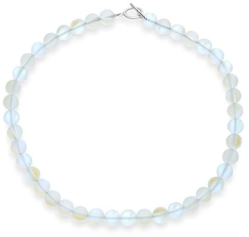 Einfache schlichte westliche Schmuck opaleszierende farbwechselnde durchscheinende kreierte Mondstein runde 10MM Perlenstrang Choker Halskette für Frauen mit versilbertem Verschluss 15 Zoll
