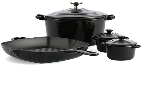 BK Cookware Deutsches Emaille-Gusseisen 7-teiliges Antihaft-Kochgeschirr-Set, Auflaufform mit Deckel, Grillpfanne, Mini-Gusseisen, Feuertopf, Induktion, Ofen- und spülmaschinenfest,PFAS-frei,Schwarz