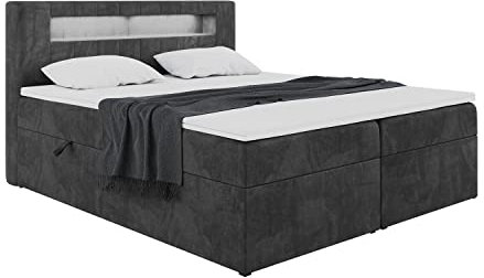 MEBLINI Boxspringbett mit Bettkasten - Bett mit LED Kopfteil - Gepolstert Doppelbett mit Matratze und Topper - Polsterbett mit Stauraum - Stauraumbett - ASPIN - 160x200 - H4/Schwarz Samt