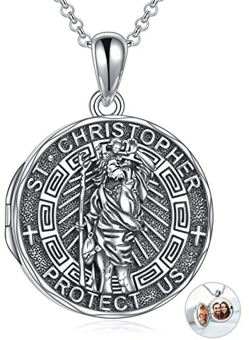 YFN Heiliger Christophorus Medaillon Halskette Sterling Silber Sankt Christophorus Foto Anhänger Religiöser Schmuck Geschenke für Damen Herren