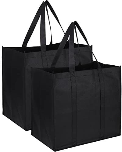 XINRUI 2 Pack Black Shopping Bags,Reusable Grocery Tote Bags Shopping Bags,Foldable, Washable,Lightweight Shopper Bag with Small Hook for Daily Life, Picnic, Camping
