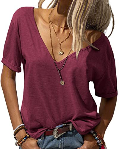 Tankaneo Damen Mode tief V-Ausschnitt Kurze Ärmel Tops Solide Lässig Lose Basic T Shirt Fuchsie M