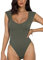 REORIA Women's Summer Sexy Casual V Neck Double Lined Seamless Sleeveless Slimming One Piece Leotards Going Out Trendy Tank Top Tees Thong Bodysuits Grey Green Large